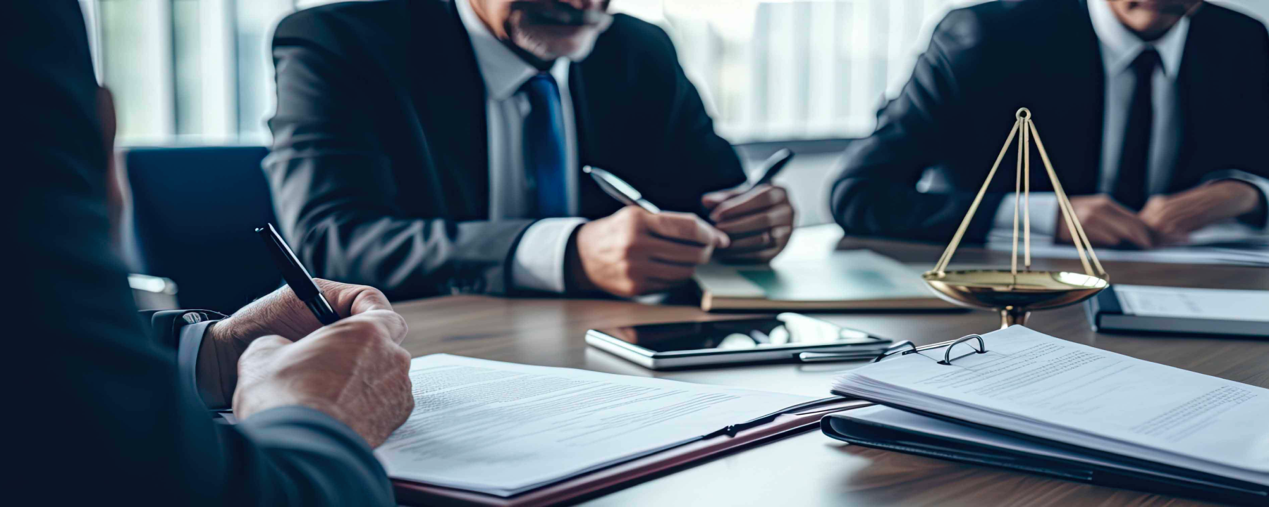 Persone riunite attorno a un tavolo con documenti e una bilancia simbolica, immagine che richiama governance, processi decisionali e gestione organizzativa